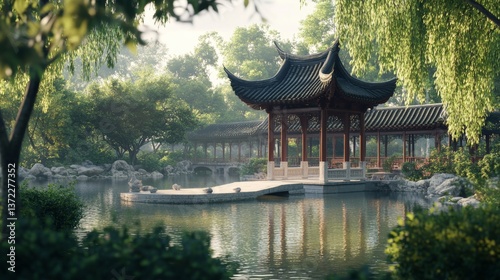 Close-up view, Jiangnan garden courtyard style, featuring pavilions and water pavilions photo