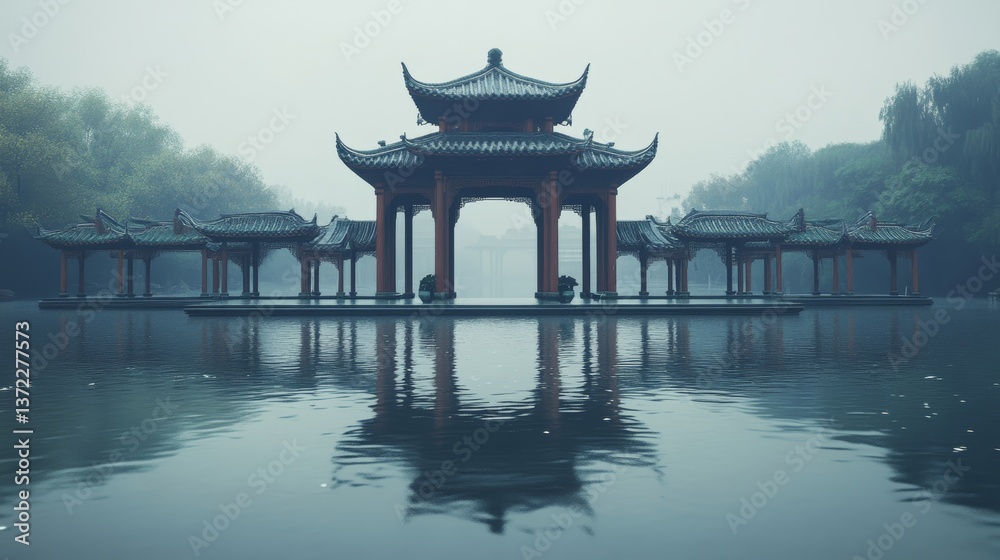 Fototapeta premium Close-up view, Jiangnan garden courtyard style, featuring pavilions and water pavilions