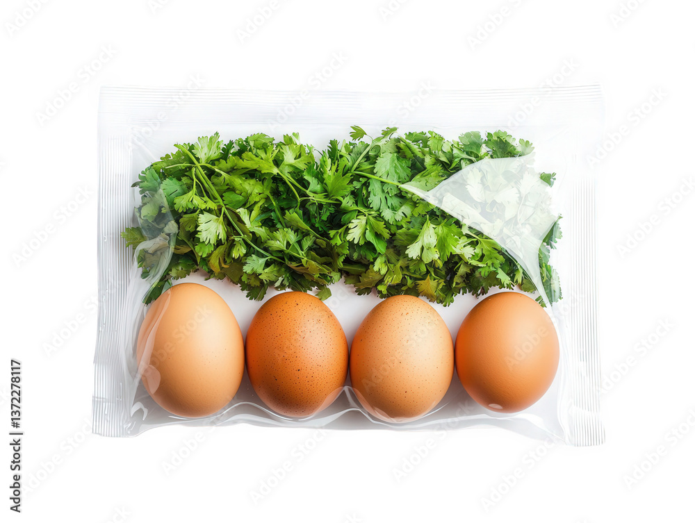 Fresh eggs and cilantro neatly packaged on a white background with a transparent cutout, perfect for culinary preparations and meal planning in home kitchens Fresh eggs and cilantro neatly packaged on a white background with a transparent cutout, perfect for culinary preparations and meal planning in home kitchens