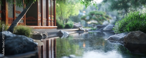 render image of chinese pond in style of maya arnold render 