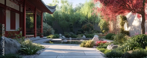 render image of chinese pond in style of maya arnold render 1