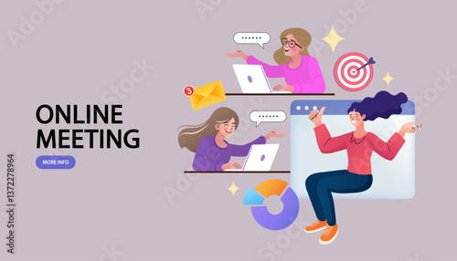 A group of people in an online meeting discuss a data-driven strategy, a vector illustration of virtual collaboration and goal setting with a bullseye target and pie chart.