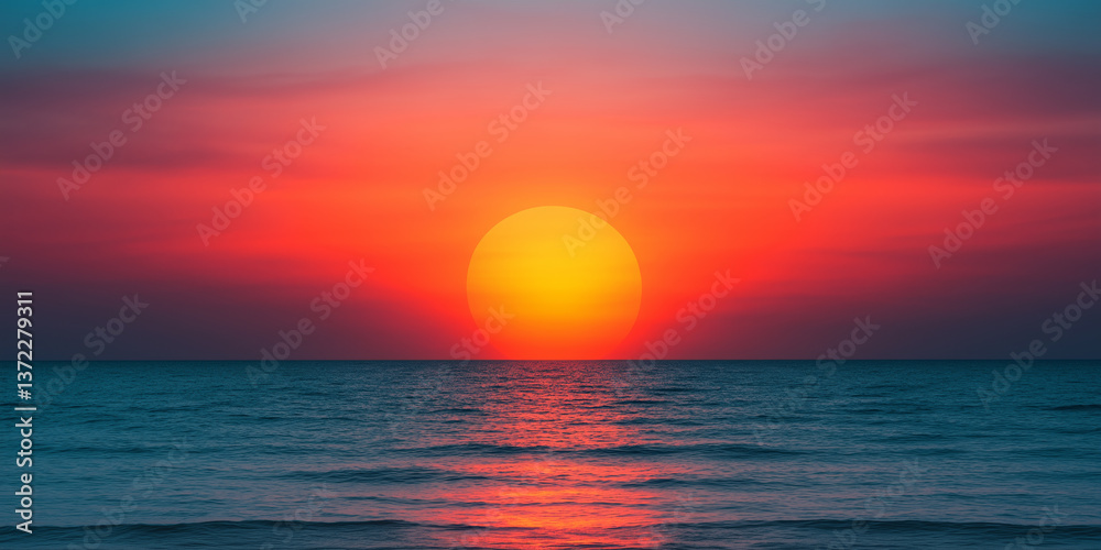 Obraz premium Vibrant sunset over calm ocean horizon with glowing sun and colorful sky gradient for travel, nature, peace or tropical beach themes