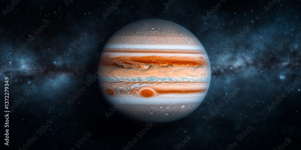 Naklejka premium 3d rendered of jupiter planet in deep space with visible storm patterns and gas textures for astronomy, science fiction and educational use