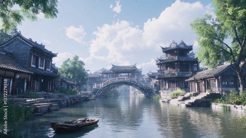 Obraz premium The ancient town of Jiangnan in Zhejiang, surrounded by many Chinese classical town buildings, is very tall and surrounded by giant buildings.