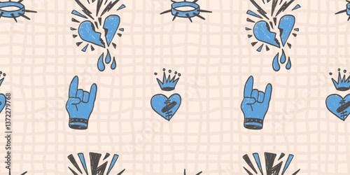 Horns, broken heart postage stamp seamless pattern. Punk rock crown on frame marker endless background. Crayon continuous ornament. Surface pattern design girly motif. Vector hand drawn illustration.