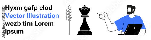Man using laptop gestures at chess rook beside wheat stalk. Themes include strategy, agriculture, work, planning, education, presentation, decision. Ideal for flat landing page banner