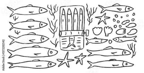 Sardines line doodle set. Canned fish hand drawn scribble. tinned fishes. Open sardine tin. Vector conserve eat illustration by pencil isolated on white background. Crayon or chalk naive seafood.