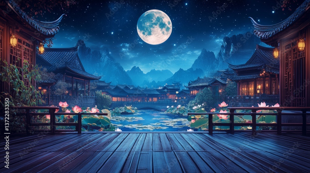Obraz premium Front view.A picture of a Chinese mid-autumn scene.There is a moon in a dark blue sky with stars in the sky