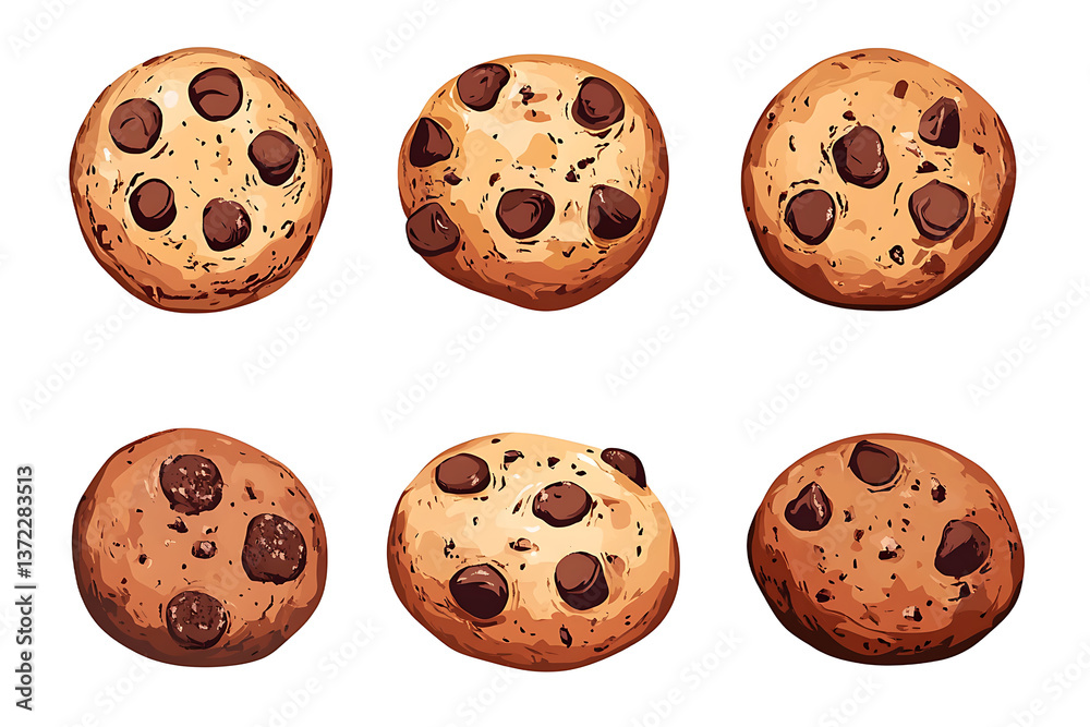 Illustration of six chocolate chip cookies arranged on a black background in a symmetrical pattern Illustration of six chocolate chip cookies arranged on a black background in a symmetrical pattern