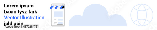 Clapperboard, cloud, and globe reflect themes of digital media, cloud storage, connectivity, film production, remote access, global sharing and technology. Ideal for media apps tech services