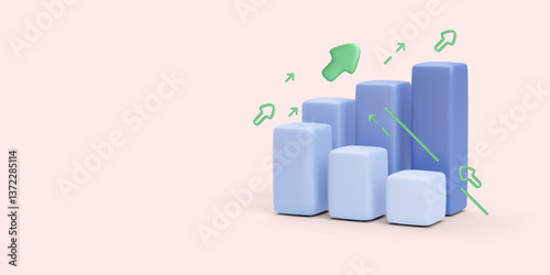 Vertical bar chart with up arrows in 3d realistic style isolated on light background. Vector illustration