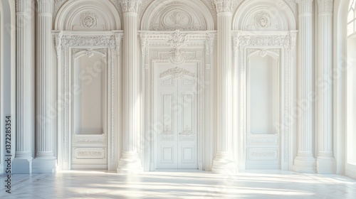 Luxurious white palace interior, sunlight streaming through arched windows photo