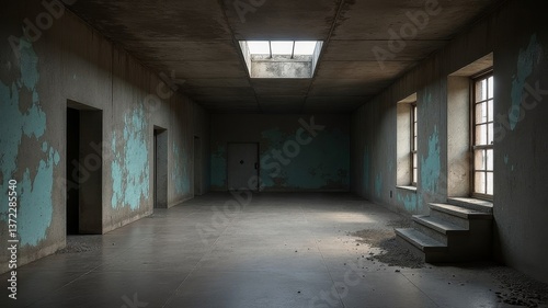 Abandoned concrete room with open ceiling and overgrown greenery above.