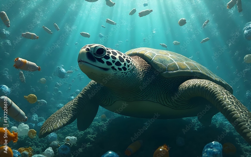 Fototapeta premium A sea turtle in an ocean polluted by plastic trash. A threat to nature.