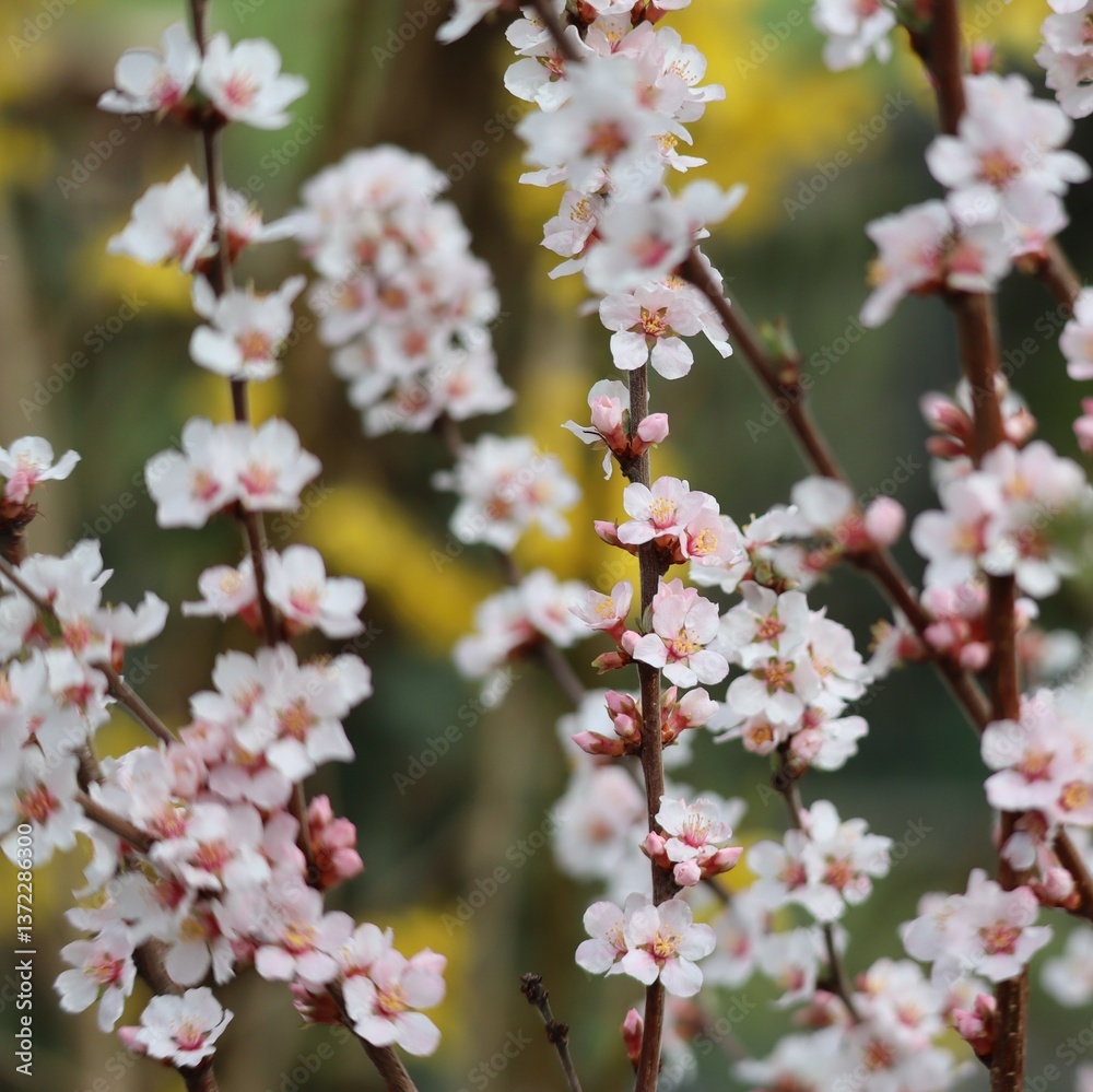 Cherry blossom in front of a Forsythia Cherry blossom in front of a Forsythia