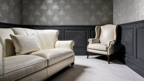 Luxurious room showcases chic leather pieces with tastefully designed decor.