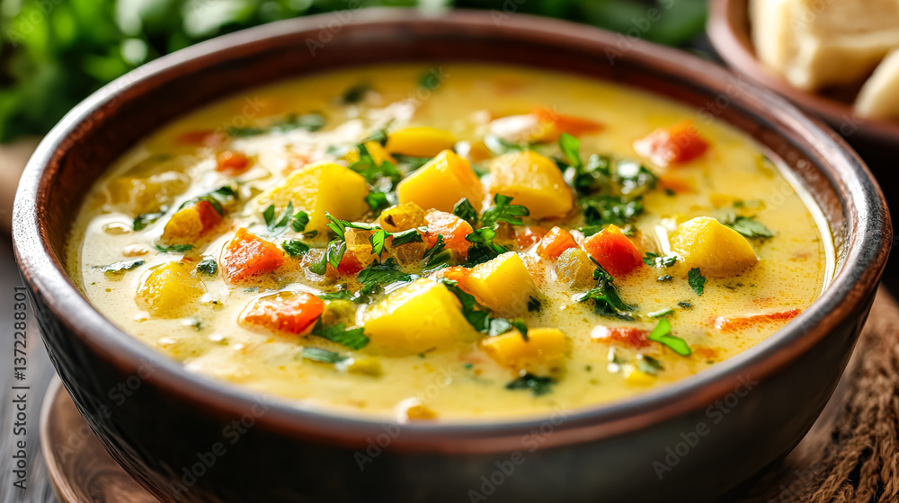 Bowl of soup with vegetables and herbs. The soup is yellow and has a creamy texture. The bowl is brown and has a wooden base Bowl of soup with vegetables and herbs. The soup is yellow and has a creamy texture. The bowl is brown and has a wooden base