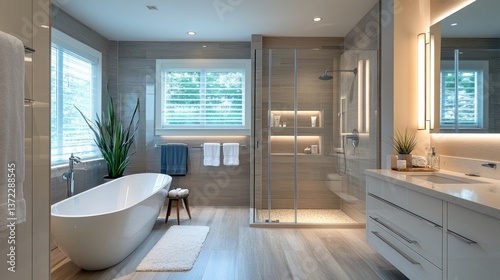 Modern spa-like bathroom with freestanding tub, walk-in shower, and double vanity.