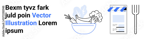 Bowl of fresh produce including vegetables and fruits next to a smartphone recipe app and fork. Ideal for healthy diet, cooking tips, food delivery, recipes, wellness, meal planning, simple landing