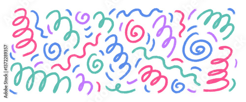 Colorful crayon carnival squiggles and spirals lines. Hand drawn kids party confetti. Brush stroke linear doodle elements set isolated on white background. Scribble party celebration decoration..