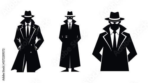 A set of three spy in a trench coat vector silhouette designs. Simple collection. Isolated bundle on white background.