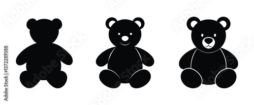 A set of three classic teddy bear vector silhouette designs. Simple collection. Isolated bundle on white background.