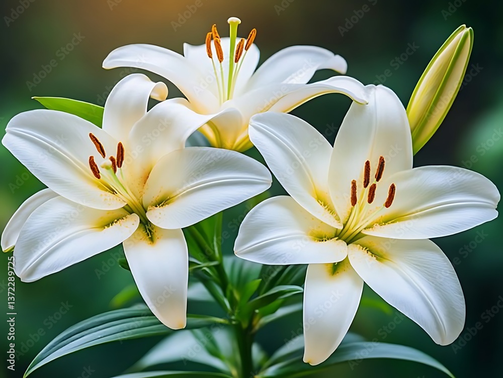 Fototapeta premium Beautiful close up of several white lilies blooming softly together