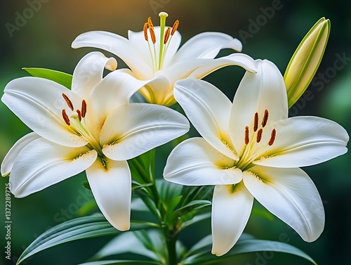 Beautiful close up of several white lilies blooming softly together