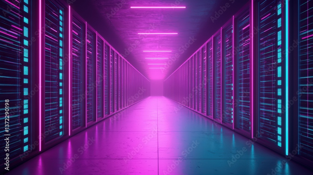 Fototapeta premium Internet Destination Contract Design. Futuristic data center with neon lighting and rows of servers.