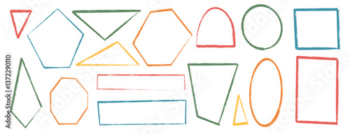 Brush stroke kids geometric shapes set. Text boxes paint textured thin line frames pack. Rounded and square borders figures. Vector hand drawn quotation stickers shapes. Triangle grunge callout design