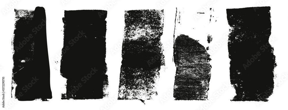 Grunge eroded line textures set. Ink roller background. Vintage rectangles imprint. Dry black brayer striped isolated on white background. Painted relief stains. Vector lino eroded wide dirty form.