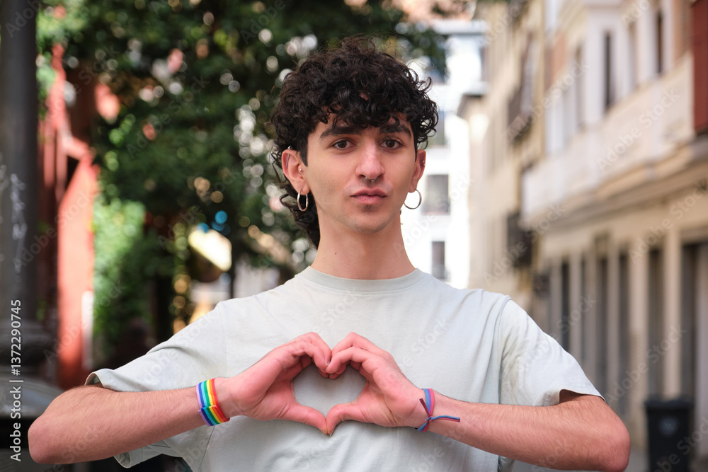 Young man showing his support for LGBT community by making heart shape with hands and wearing rainbow bracelets