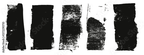 Grunge eroded line textures set. Ink roller background. Vintage rectangles imprint. Dry black brayer striped isolated on white background. Painted relief stains. Vector lino eroded wide dirty form.