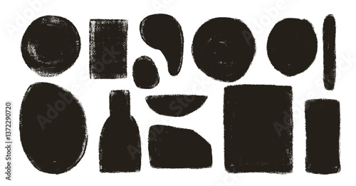 Geometric shapes linocut rough set. Circle, ellipse, rectangle text boxes. Abstract japandi vase decor. Vector geometry grafitti spray shapes. Hand drawn collection illustration on white background.