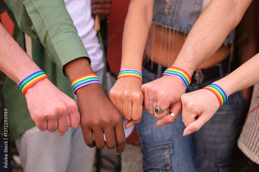 Hands wearing rainbow bracelets, symbolizing support for LGBT rights and equality
