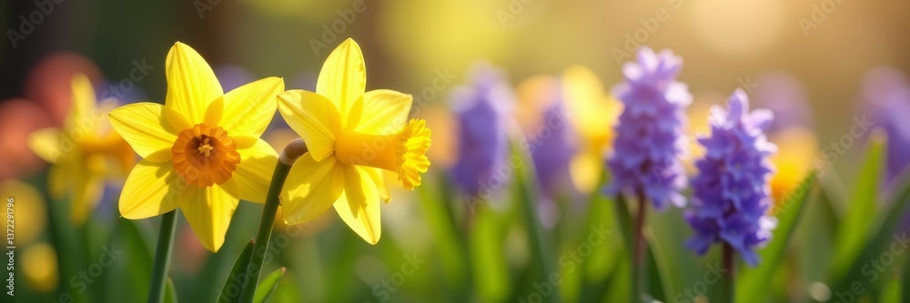 Fototapeta premium Close-up of fresh daffodils and hyacinths in sunlight, petals, beautiful