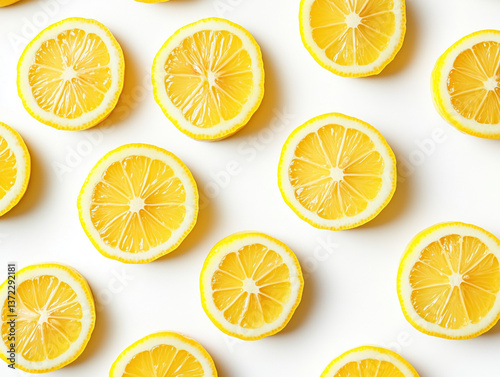 yellow lemon slices are evenly scattered across a clean white background, creating a fresh, zesty, and vibrant visual with a summery feel