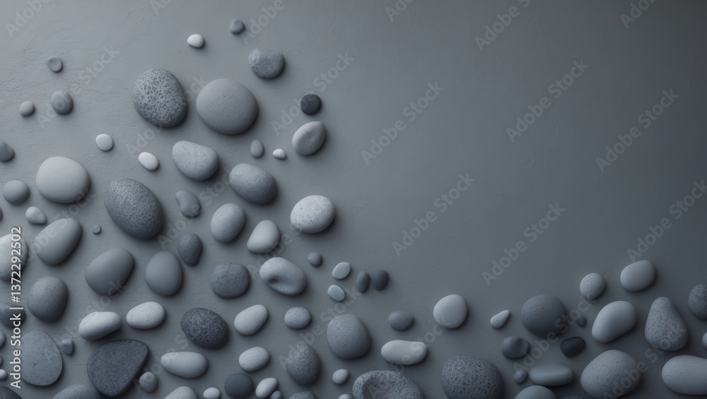 Gray background with pebbles. Many round gray stones scattered on textured surface. Smooth grey color pebbles pattern flat lay. Gray background with pebbles. Many round gray stones scattered on textured surface. Smooth grey color pebbles pattern flat lay.