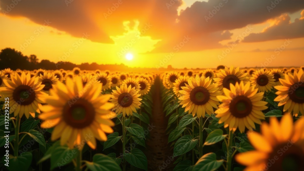 Obraz premium Golden Hour Sunflowers A Serene Field of Blossoms at Sunset