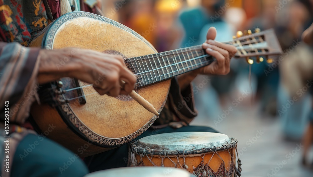 Fototapeta premium A musician playing a traditional stringed instrument and drum in a lively outdoor setting.