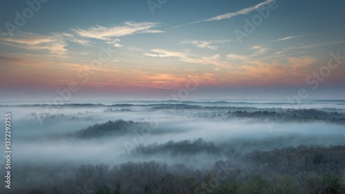 Morning view landscape. Fog covers forest valley during sunrise. Orange glow sky above trees.