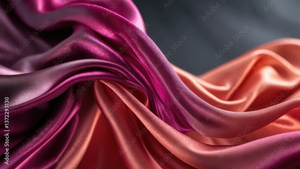 Obraz premium Pink Orange Satin Cloth Texture. Soft material has Shiny effect. Fabric is draped in flowing wavy folds. Gray background