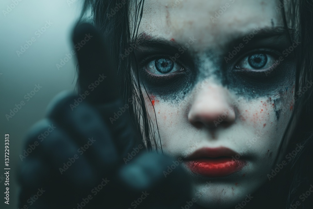 Enigmatic figure with haunting gaze and dramatic face paint captivates in a misty forest during twilight hours Generative AI Enigmatic figure with haunting gaze and dramatic face paint captivates in a misty forest during twilight hours Generative AI