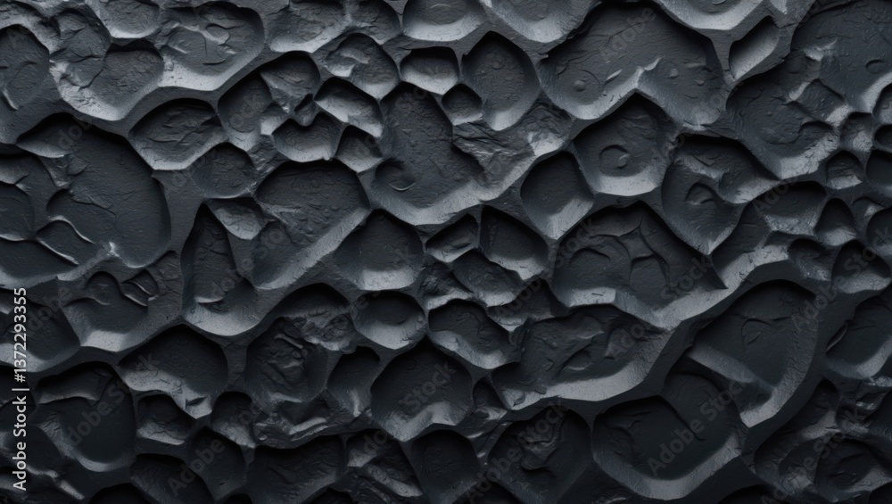 Fototapeta premium Dark bumpy surface texture. Black stone material with rounded shapes. Abstract rough monochrome background of uneven pattern.