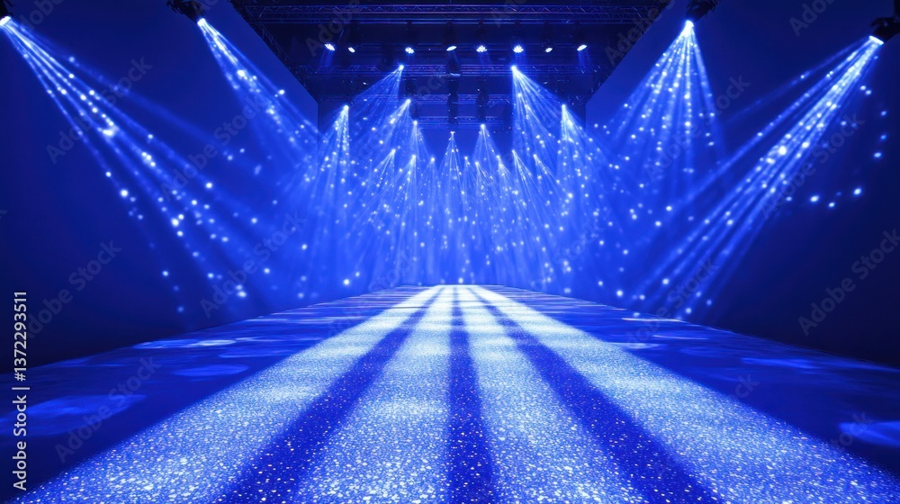 Empty runway with bright blue spotlights, event space