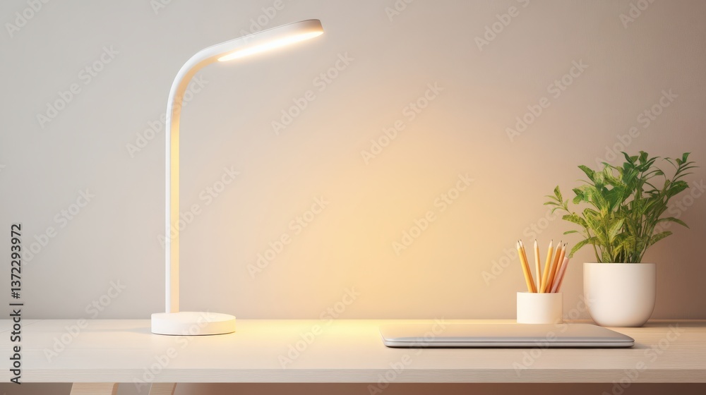 Internet Relaxation Efficiency Design. Modern desk lamp with plant and tablet on a minimalist workspace. Internet Relaxation Efficiency Design. Modern desk lamp with plant and tablet on a minimalist workspace.