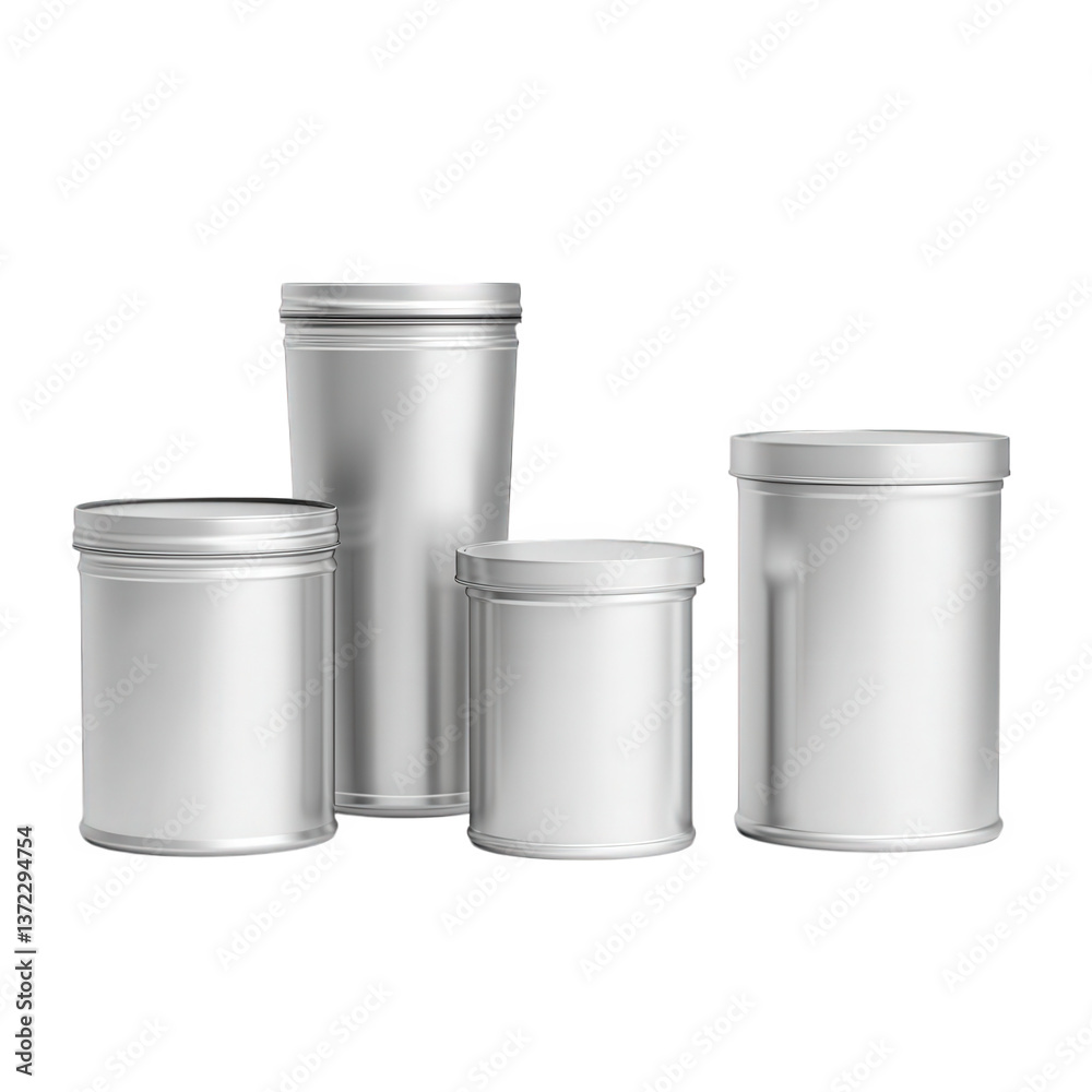 Different sizes of metallic containers arranged on a white background, showcasing a sleek and minimalistic design that's perfect for packaging, storage, or organizing various items in a clean and Different sizes of metallic containers arranged on a white background, showcasing a sleek and minimalistic design that's perfect for packaging, storage, or organizing various items in a clean and