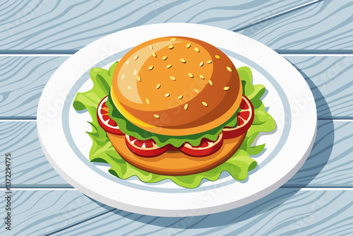 New York-Style Burger on a white plate on a white wooden table from above