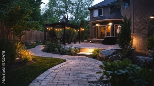 Evening patio pathway with pergola and landscaping